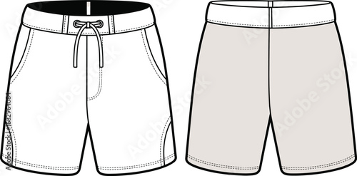 Front and back view of light beige shorts with drawstring fashion flat sketch Keywords: shorts, sketch