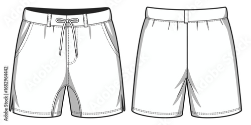 Front and back view of white athletic shorts with drawstring and pockets sports shorts gym shorts