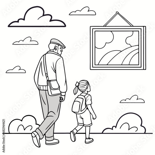 Minimilist illustration of a man and a girl walking outdoors with clouds and a picture hanging on the wall artful vector