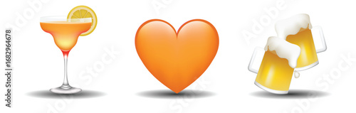 Orange color heart shape, cocktail glass with lemon slice and two glasses with fresh yellow beer. 