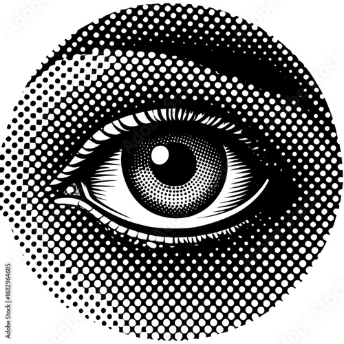 Minimilist detailed halftone eye illustration with intricate shading and circular dotted background design art vector