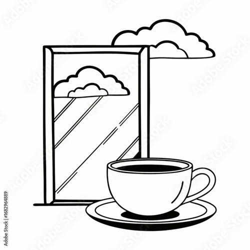 Minimilist coffee cup and saucer next to a window with clouds reflected in the glass and outside the window frame vector