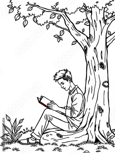 Minimilist illustration of a young man reading a book while sitting under a large tree with leaves and branches vector