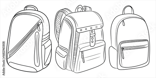 Three outline drawings of backpacks on a white background rucksack travel