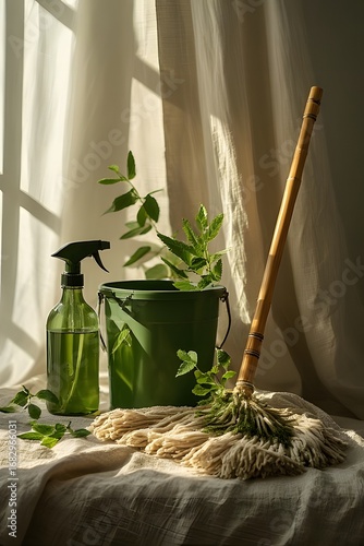 A green bucket, spray bottle, and mop with plants, highlighting natural cleaning solutions and a fresh, organic approach to household tasks