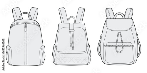 Three women's backpacks in line art with subtle shading Keywords: backpack, rucksack, bag, luggage