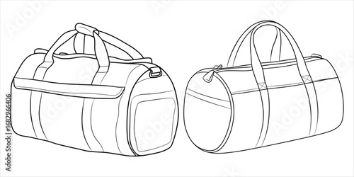 Two duffel bags shown from front and side in black and white line art gym bag sports bag