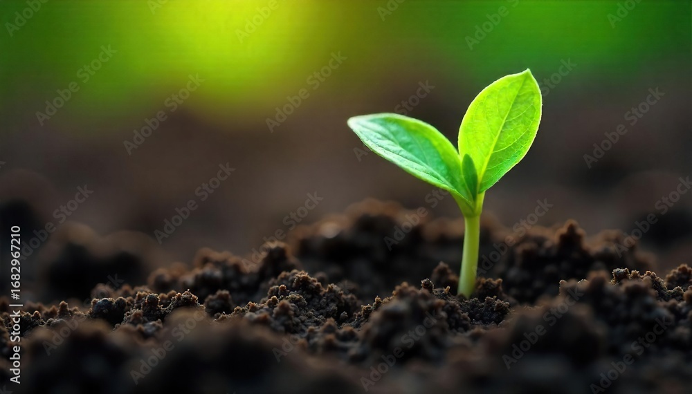 Fototapeta premium Close-up of a vibrant green sprout pushing through rich soil, symbolizing the emergence of new life and the power of natural evolution , seedling, earth