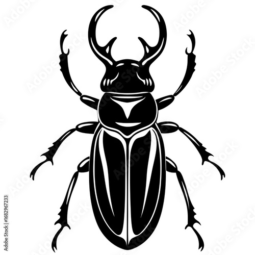 Minimilist illustration of a stag beetle with prominent mandibles and segmented legs in black and white style vector