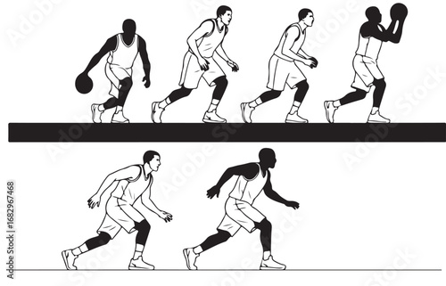Basketball player dribbling and shooting ball in sequence of motion vector illustration art