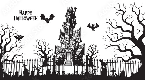 A spooky halloween scene with haunted house bats tombstones and bare trees in black and white silhouette