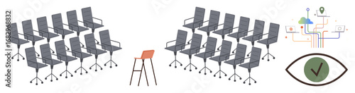 Single orange chair amidst rows of gray ones symbolizes individuality. Circuit connections, cloud, and a checked eye imply technology, vision, and decision-making. Ideal for leadership, innovation