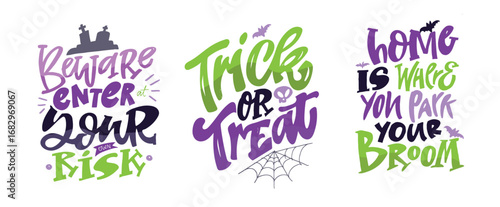 Happy Halloween set - Trick or treat – funny cute  hand drawn doodle lettering label, t-shirt design, mug print, sticker print.