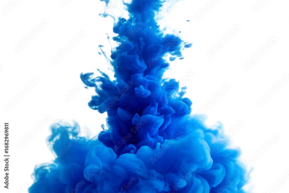Fototapeta premium A vibrant cloud of blue ink dispersing in clear water against a bright white background scene capture
