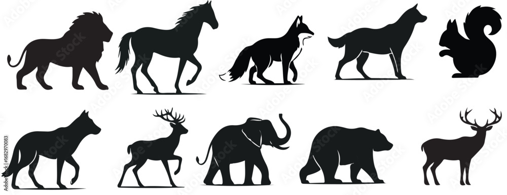 Obraz premium Silhouette images of various animals including a lion horse fox wolf squirrel and elephant and deer bear