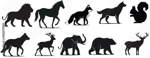 Silhouette images of various animals including a lion horse fox wolf squirrel and elephant and deer bear