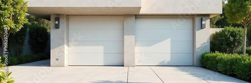 Modern double garage doors open to reveal a clean, spacious driveway, bathed in sunlight Ideal for home improvement, real estate, and architectural projects , real estate, bright