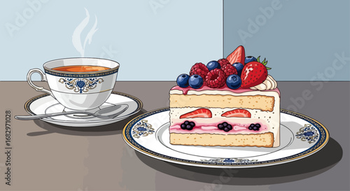 Cake and tea illustration