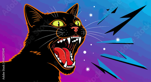Black cat with open mouth illustration