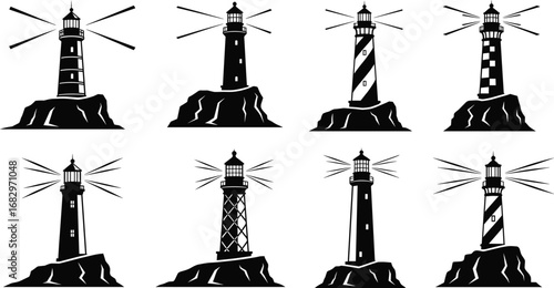 Black and white lighthouse illustrations, nautical coastal tower icons, maritime navigation beacons, rocky shore structures, striped and patterned designs, vector art set