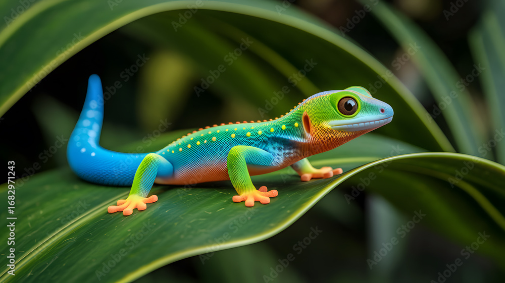 Fototapeta premium Brightly colored gecko on a green leaf. 