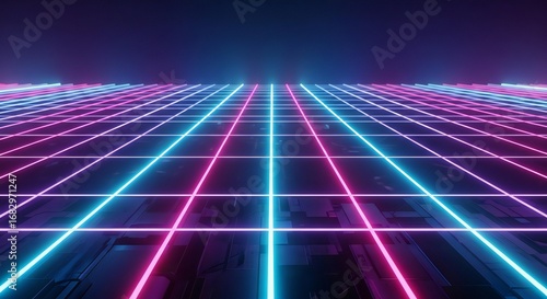 Vibrant neon grid in futuristic digital landscape, perfect for tech, gaming, and modern design concepts