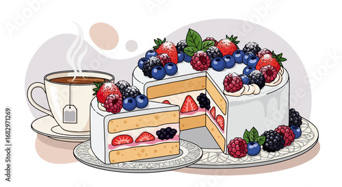Colorful berry cake and tea illustration