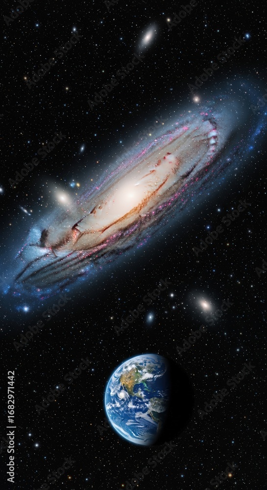 Naklejka premium Spiral galaxy in deep space with earth in the foreground