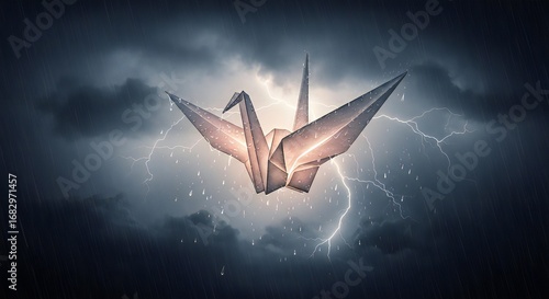 Origami crane soars through a dramatic thunderstorm with lightning, symbolizing hope, resilience, and overcoming challenges