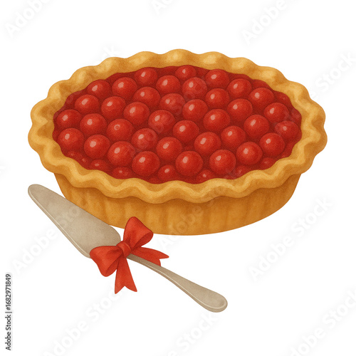 Watercolor illustration of a cherry pie with a serving knife decorated with a red bow. Perfect for holiday cards, bakery menus, invitations, and festive seasonal designs.
