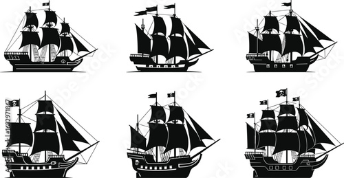 Historic sailing ships, vintage nautical vessels, maritime clipart, antique tall ships, ocean voyage illustration, black and white vector art, sea transport design