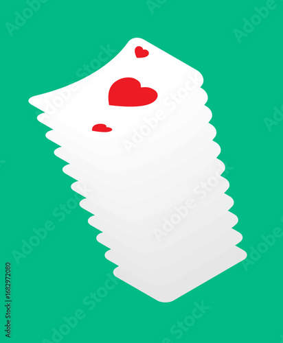 Deck of playing cards fanned out for mixing and shuffling the cards together. Simple cartoon vector isolated on green background