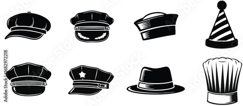 A collection of eight different black and white hat illustrations in a vector graphic design style