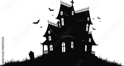 Haunted house silhouette with gothic architecture, flying bats, spooky graveyard scene, Halloween night horror illustration, eerie creepy mansion on hill