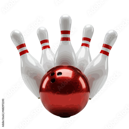 Shiny red bowling ball and white pins on a black background ready for a strike