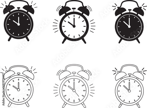 Collection of six vintage alarm clocks in black and white doodle style
