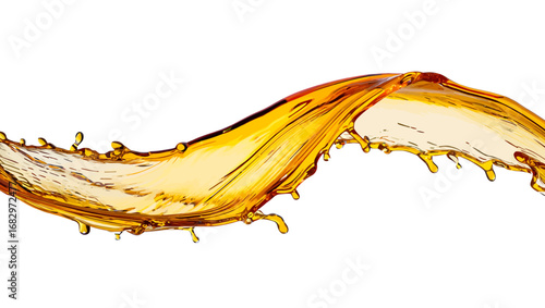 Dynamic golden liquid splash frozen in motion with droplets against a black background