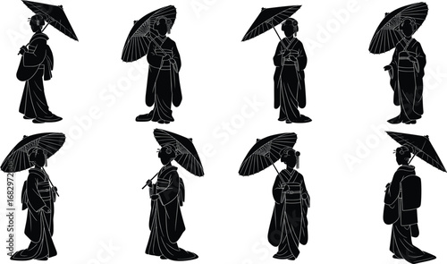 Silhouette, kimono, parasol, traditional, Japanese, women, cultural, fashion, art, black, shadow, geisha, style, heritage, umbrella, Asia, vintage, elegance, pose, design