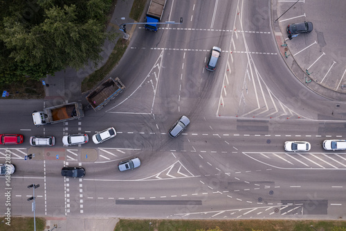 Photography Top view of car traffic intersection road street in the city