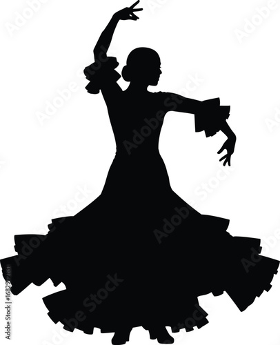 Flamenco dancer silhouette, traditional Spanish dance pose, ruffled dress, dramatic posture, cultural performance art, elegant movement, expressive gesture