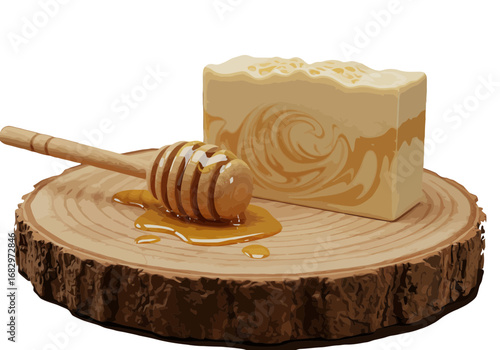Natural honey soap bar with a wooden honey dipper and dripping golden honey on a wood slice