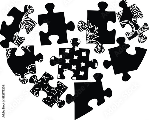 Black puzzle heart, abstract white patterns, love unity concept, romantic symbol, emotional connection, problem solving, relationship metaphor, artistic design