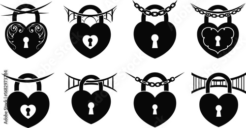 Heart shaped padlocks, ornate love locks, romantic security symbols, vintage heart lock designs, decorative padlock collection, unique shackle styles, love protection