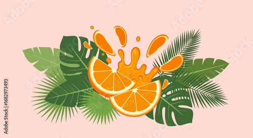 Orange slices with tropical leaves splash background