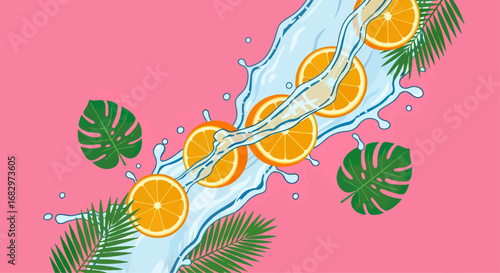Orange slices in water splash with tropical leaves graphic design