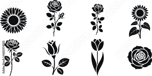 Flower silhouette collection with roses tulips and sunflowers
