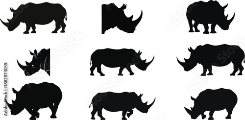 Nine black rhinoceros silhouettes on white background