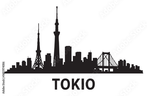  black silhouette of Tokyo city Vector on gray background

