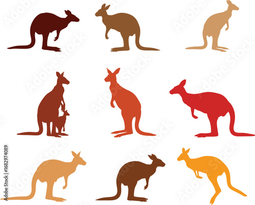 Nine colorful kangaroo silhouettes on white background