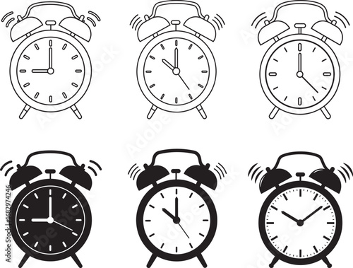 Collection of vintage alarm clocks ringing with different times and styles
